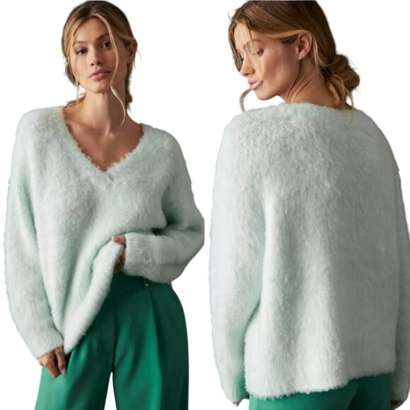 Anthropologie Maeve Plush V-neck Sweater Mint Green Fluffy Cozy Oversized Size S - Picture 1 of 10